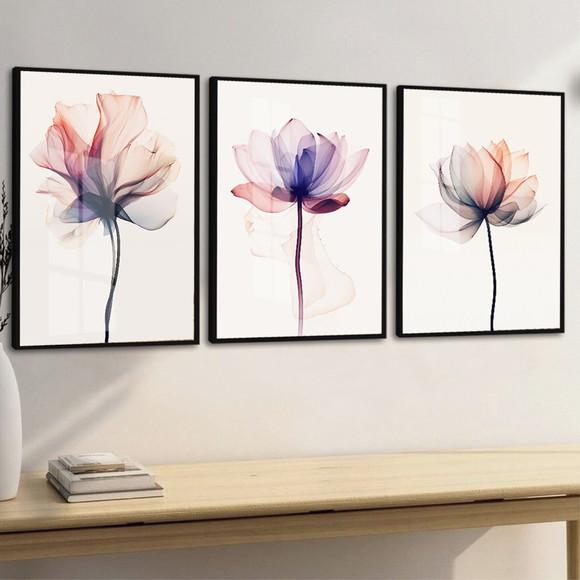 Kit Quadros Decorativos Flores Rosas Moderno Moldura e Vidro