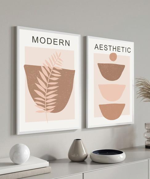 Kit Quadros Decorativos Folhagem Abstrato Terracota Moldura