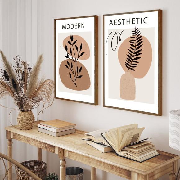 Kit Quadros Decorativos Folhagem Abstrato Marrom Com Moldura