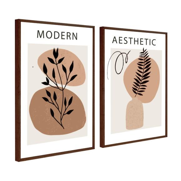 Kit Quadros Decorativos Folhagem Abstrato Marrom Com Moldura