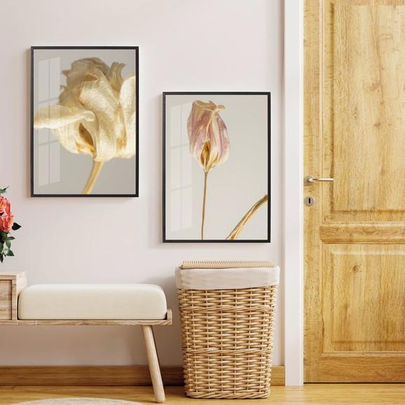 Kit Quadros Decorativos Folhagem Bege Flores Moldura e Vidro