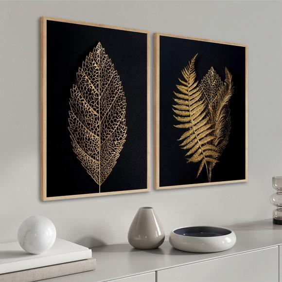 Kit Quadros Decorativos Folhagem Dourada Moderno Com Moldura