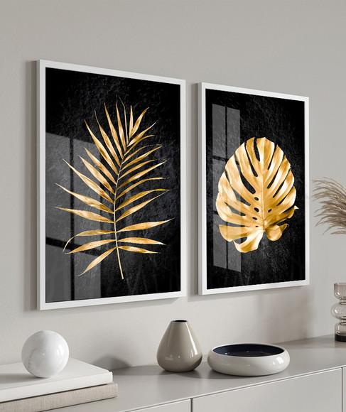 Kit Quadros Decorativos Folhagem Dourada Com Moldura e Vidro