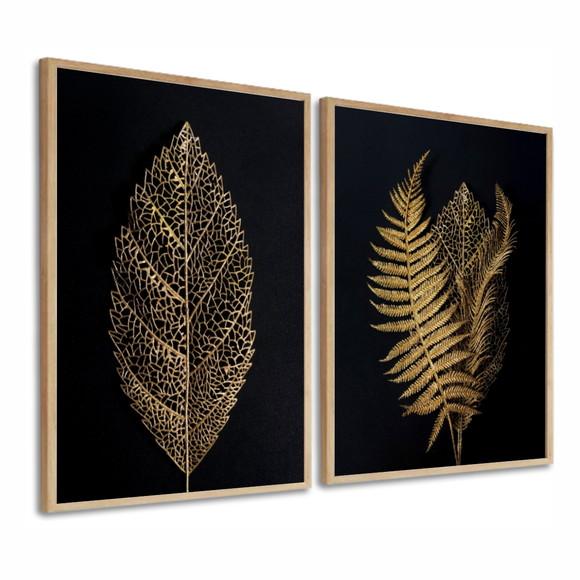 Kit Quadros Decorativos Folhagem Dourada Moderno Com Moldura