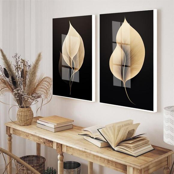 Kit Quadros Decorativos Folhagem Dourada Sala Moderna Vidro