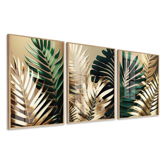 Kit Quadros Decorativos Folhagem Dourada Verde Moldura Vidro