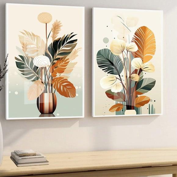 Kit Quadros Decorativos Folhagem Moderna Sala Moldura Vidro