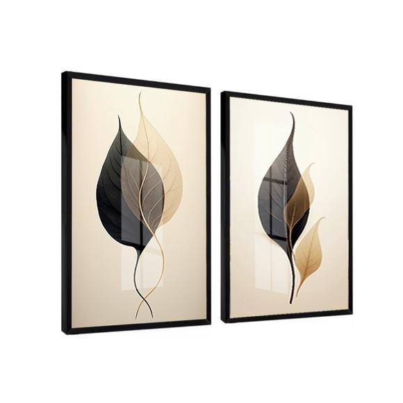 Kit Quadros Decorativos Folhagem Sala Moderna Moldura Vidro