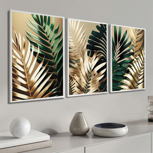 Kit Quadros Decorativos Folhagem Verde Gold Moderno Moldura
