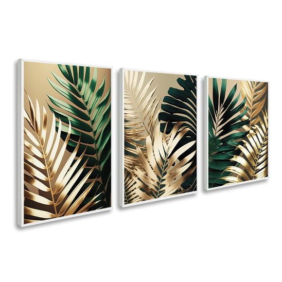 Kit Quadros Decorativos Folhagem Verde Gold Moderno Moldura