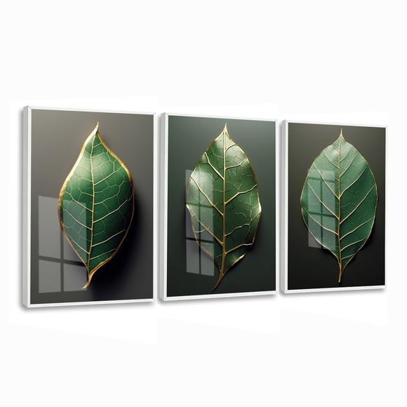 Kit Quadros Decorativos Folhagem Verde Moderna Moldura Vidro