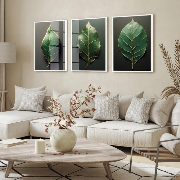 Kit Quadros Decorativos Folhagem Verde Moderna Moldura Vidro