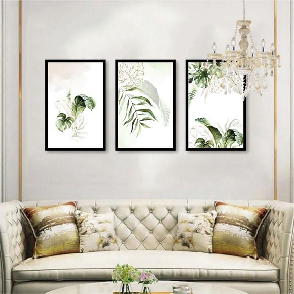 Kit Quadros Decorativos Folhagem Verde Para Sala Com Moldura