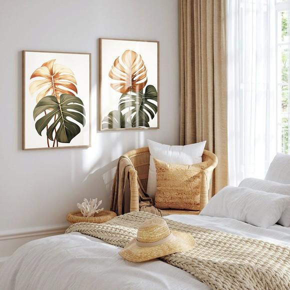Kit Quadros Decorativos Folhas Costela de Adão Moldura Vidro