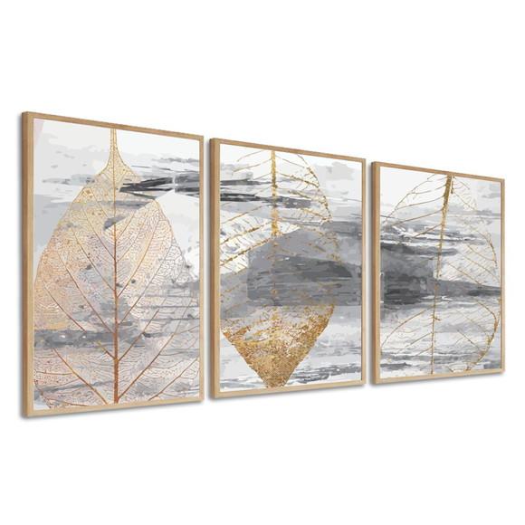 Kit Quadros Decorativos Folhas Douradas Quarto Sala Moldura