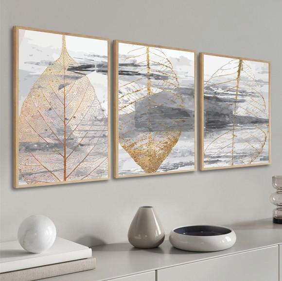 Kit Quadros Decorativos Folhas Douradas Quarto Sala Moldura