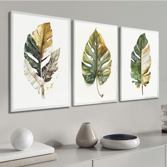 Kit Quadros Decorativos Folhas Verde Costela de Adão Moldura