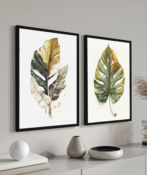 Kit Quadros Decorativos Folhas Verdes Quarto e Sala Moldura