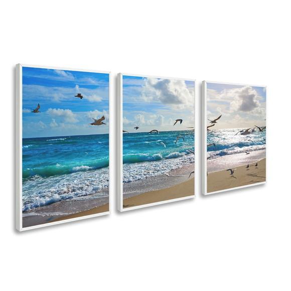Kit Quadros Decorativos Gaivotas Mar Paisagem Praia Moldura