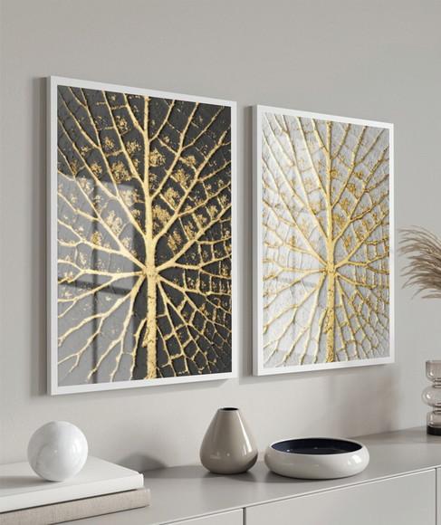 Kit Quadros Decorativos Galhos Dourados Com Moldura E Vidro