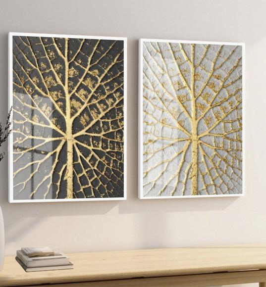 Kit Quadros Decorativos Galhos Dourados Com Moldura E Vidro