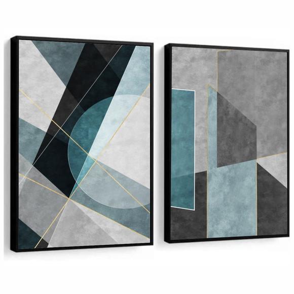 Kit Quadros Decorativos Geométrico Azul Moderno Com Moldura