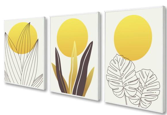 Kit Quadros Decorativos Geométrico Amarelo Folhagem Moldura