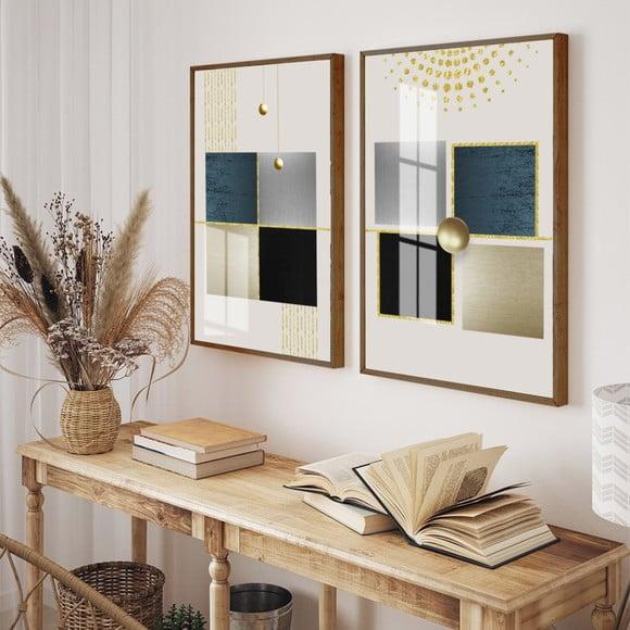 Kit Quadros Decorativos Geométrico Gold Com Moldura e Vidro