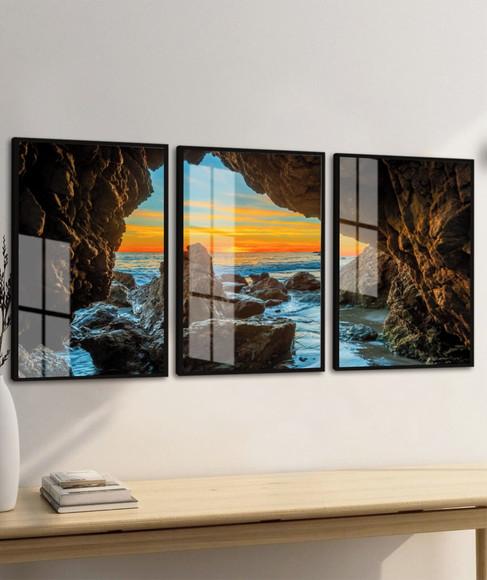Kit Quadros Decorativos Gruta Paisagem Praia Moldura e Vidro