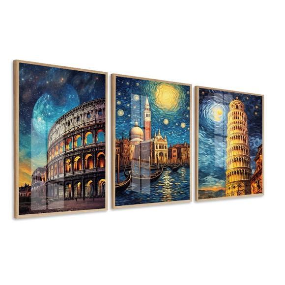 Kit Quadros Decorativos Itália Cidades Coliseu Moldura Vidro