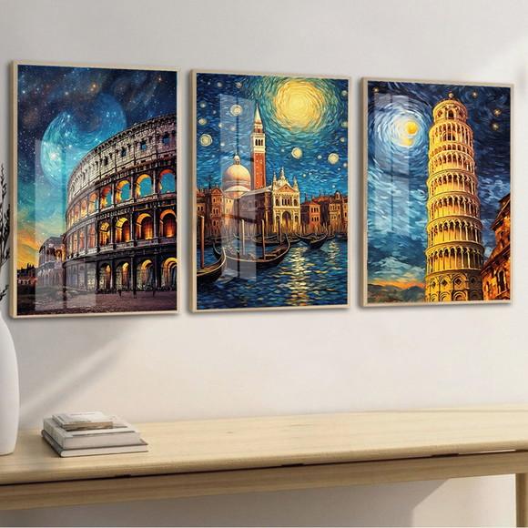Kit Quadros Decorativos Itália Cidades Coliseu Moldura Vidro