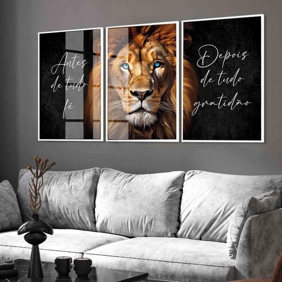 Kit Quadros Decorativos Leão de Judá Frase Inspiração Vidro