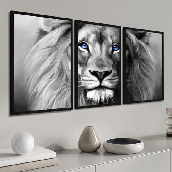 Kit Quadros Decorativos Leão De Judá Preto e Branco Moldura