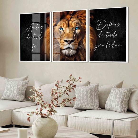Kit Quadros Decorativos Leão de Judá Frase Inspiração Vidro