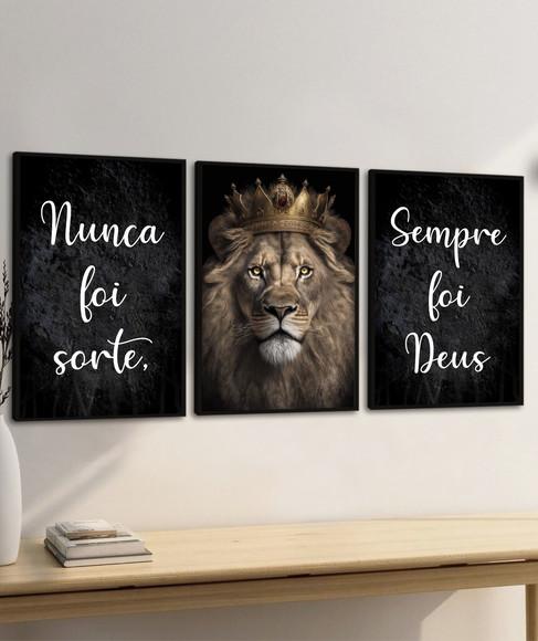 Kit Quadros Decorativos Leão Nunca Foi Sorte Sempre Foi Deus