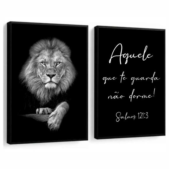 Kit Quadros Decorativos Leão Motivacional Salmos Com Moldura
