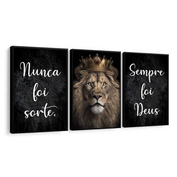 Kit Quadros Decorativos Leão Nunca Foi Sorte Sempre Foi Deus