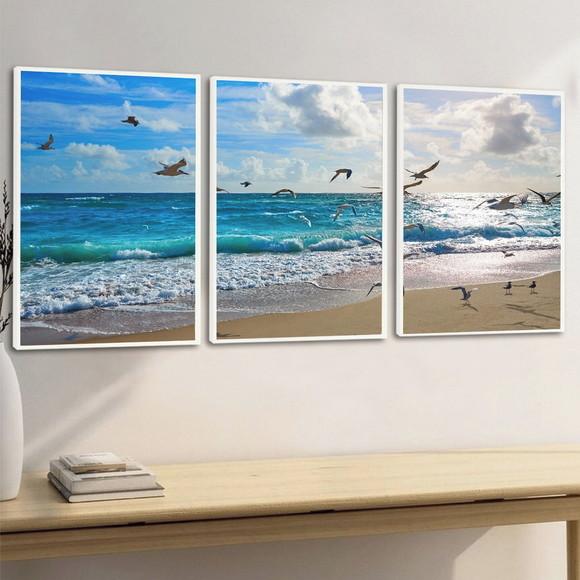 Kit Quadros Decorativos Mar Pássaros Gaivotas Moldura 50x70