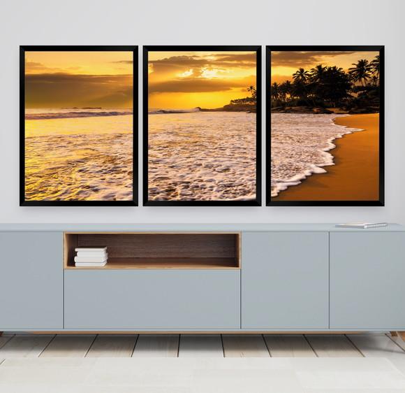 Kit Quadros Decorativos Mar Pôr Do Sol Para Sala Com Moldura