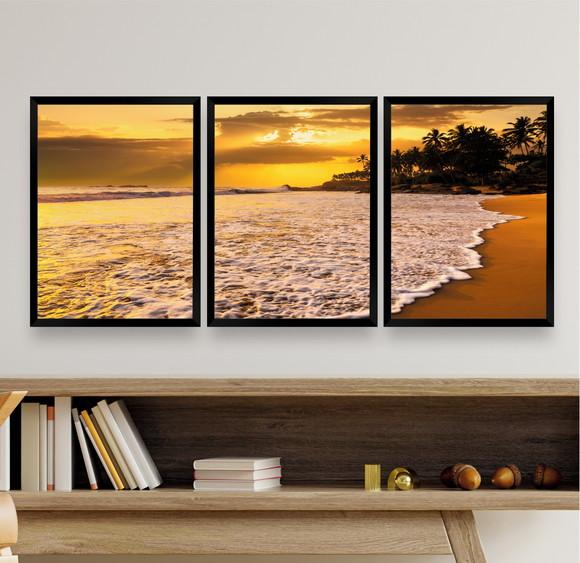 Kit Quadros Decorativos Mar Pôr Do Sol Para Sala Com Moldura