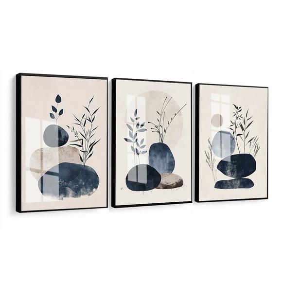Kit Quadros Decorativos Modernos Abstrato Folhas Azul Vidro