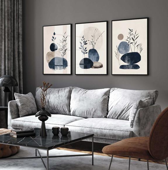 Kit Quadros Decorativos Modernos Abstrato Folhas Azul Vidro