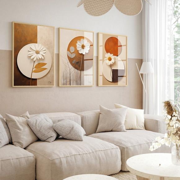 Kit Quadros Decorativos Modernos Flores Geométrico com Vidro
