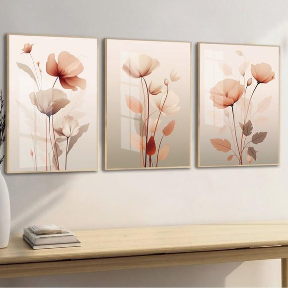 Kit Quadros Decorativos Modernos Flores Rosa Moldura e Vidro