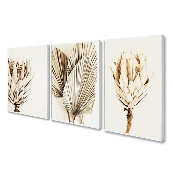 Kit Quadros Decorativos Modernos Folhagem Bege Boho Moldura