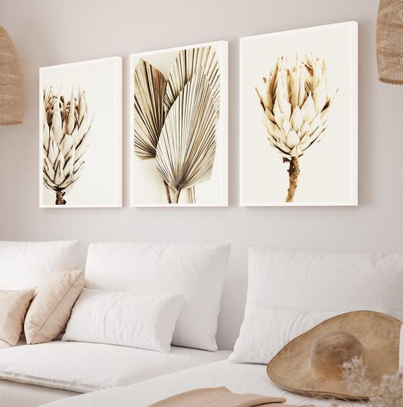 Kit Quadros Decorativos Modernos Folhagem Bege Boho Moldura