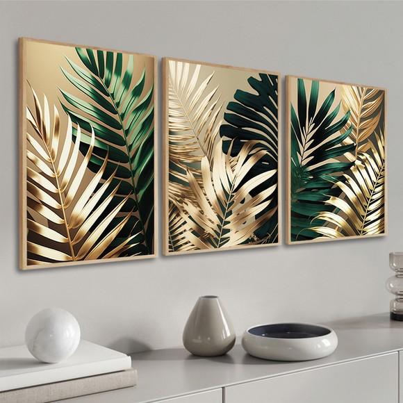 Kit Quadros Decorativos Modernos Folhagem Verde Gold Moldura