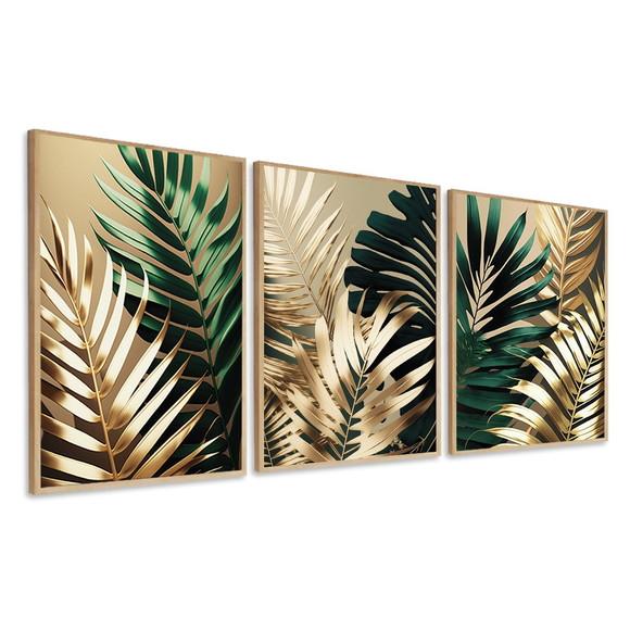 Kit Quadros Decorativos Modernos Folhagem Verde Gold Moldura