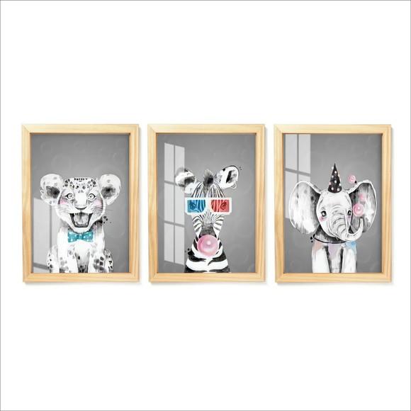 Kit Quadros Decorativos Modernos Infantil Com Moldura Vidro
