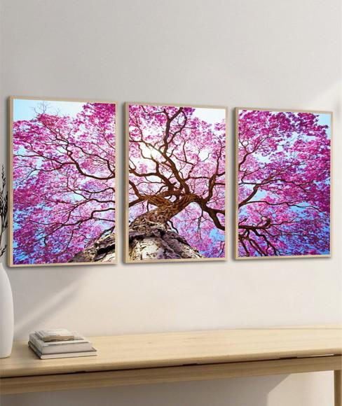 Kit Quadros Decorativos Modernos Ipê Rosa Arvore com Moldura